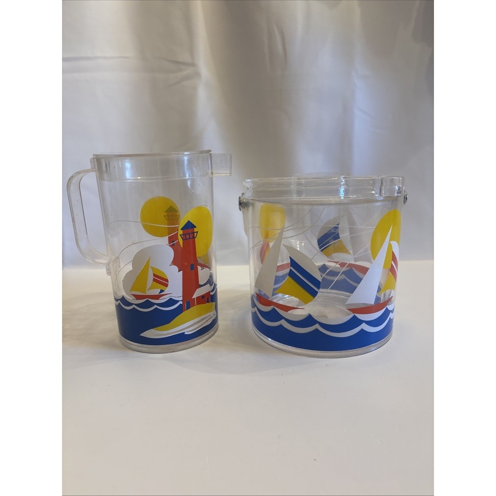 VTG 1990's Wellington SailBoat & Lighthouse Acrylic Pitcher/IceBucket‎ Tongs